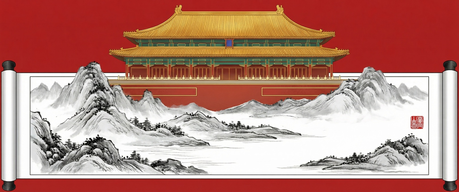 将图1的设计风格改为与图2一致，将图1建筑放到图2的卷轴顶部预览效果