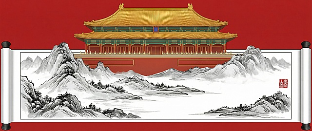 将图1的设计风格改为与图2一致，将图1建筑放到图2的卷轴顶部