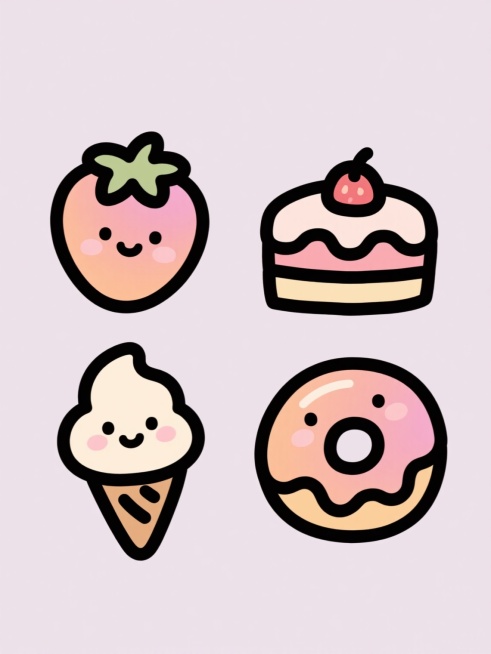 一套4个同系列素材集合，每个素材为不同的可爱卡通食物元素，保持圆润的手绘风格，黑色粗轮廓线，内部填充柔和的渐变色彩，纯色背景，整体色彩统一变换为柔和的马卡龙色系，所有元素规整排布在各自画面中央，元素类目为食物类，包括草莓、蛋糕、冰淇淋、甜甜圈，每个元素都有简洁的内部细节，保持与原图一致的稚拙可爱画风和视觉质感。预览效果