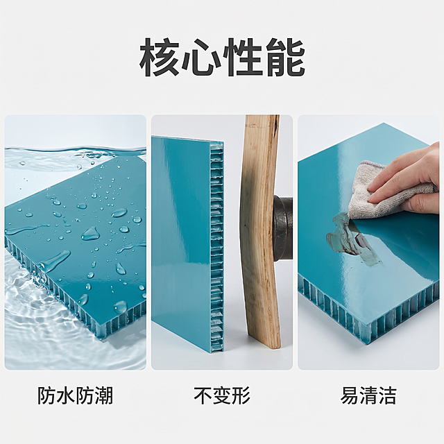 [主图 2] 核心卖点展示图，简约专业风格。
[氛围风格]简约干净突出性能卖点
[画质]商业摄影质感、光线明亮通透、产品清晰真实、画面干净高级
[元素]蓝绿色玻璃钢PP蜂窝板板材主体居中，通过三宫格排版分别展示三大核心性能场景：防水测试、形变对比、清洁展示。保持产品外观（物理结构、材质质感、颜色）与输入产品图绝对一致，杜绝任何变形和色差，精细化处理。商品主体占比合理，画面满屏无边框。
[光影]均匀明亮柔光，每个宫格内光影统一，细节清晰可见
[配色]主色调蓝绿色+浅灰留白，干净专业
[视角构图]宫格分区构图，布局均衡，每个功能区域独立清晰
[文字版式]顶部主标题“核心性能”，居中大字粗体；每个宫格下方标注对应卖点：防水防潮 不变形 易清洁，小号字体，与背景对比清晰，不遮挡产品主体。
[比例分辨率]1:1比例，2k分辨率，文字清晰可辨，超高清
[负向提示词]变形，水印，文字错乱，产品图模糊，背景杂乱，纯黑背景，牛皮癣，配色刺眼，遮挡主体