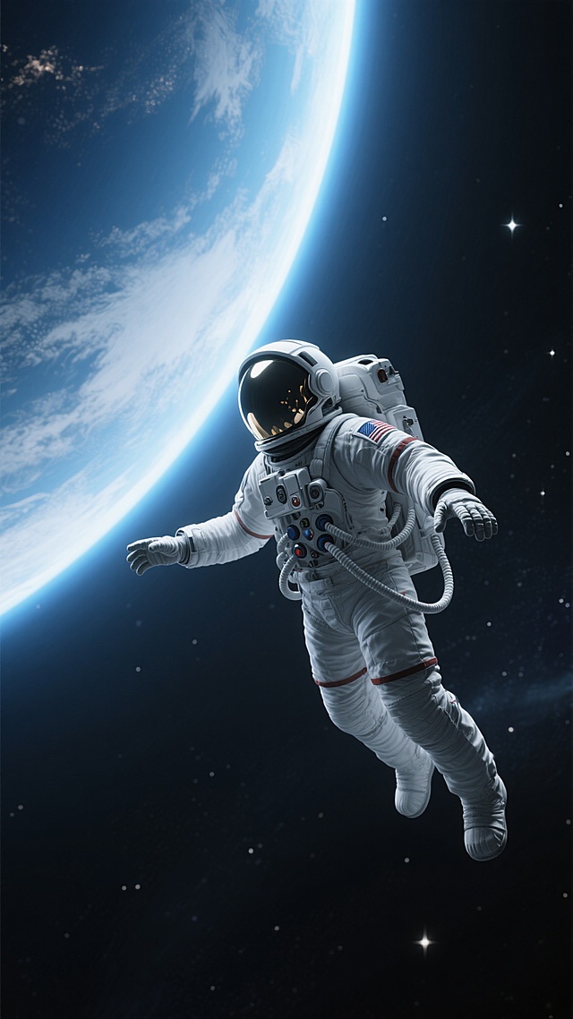 超写实风格宇航员在深邃宇宙中漂浮，地球作为背景占据画面左侧，呈现出蓝色和白色的渐变色调，边缘有明亮的光晕。宇航员身着细节丰富的白色宇航服，头盔面罩反射着微光，宇航服上的管线、按钮和背包等装备清晰可见。宇航员变换为双手向前伸展、身体略微倾斜的漂浮姿势，仿佛在太空中探索前进。整体画面光影对比强烈，宇航员受光面明亮，背光面有深邃阴影，营造出神秘而壮丽的宇宙氛围，背景中点缀着稀疏的星星，增强空间感和孤独感。