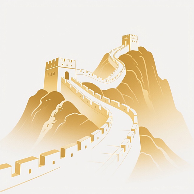 党建主题设计，白色背景，金色中国长城蜿蜒向上，烽火台与城墙线条流畅，山体轮廓简洁有力，整体呈现庄重典雅的设计感，金色渐变笔触细腻，画面干净利落，突出长城的雄伟与向上延伸的视觉引导，符合党建宣传的庄重氛围与积极向上的精神内涵。