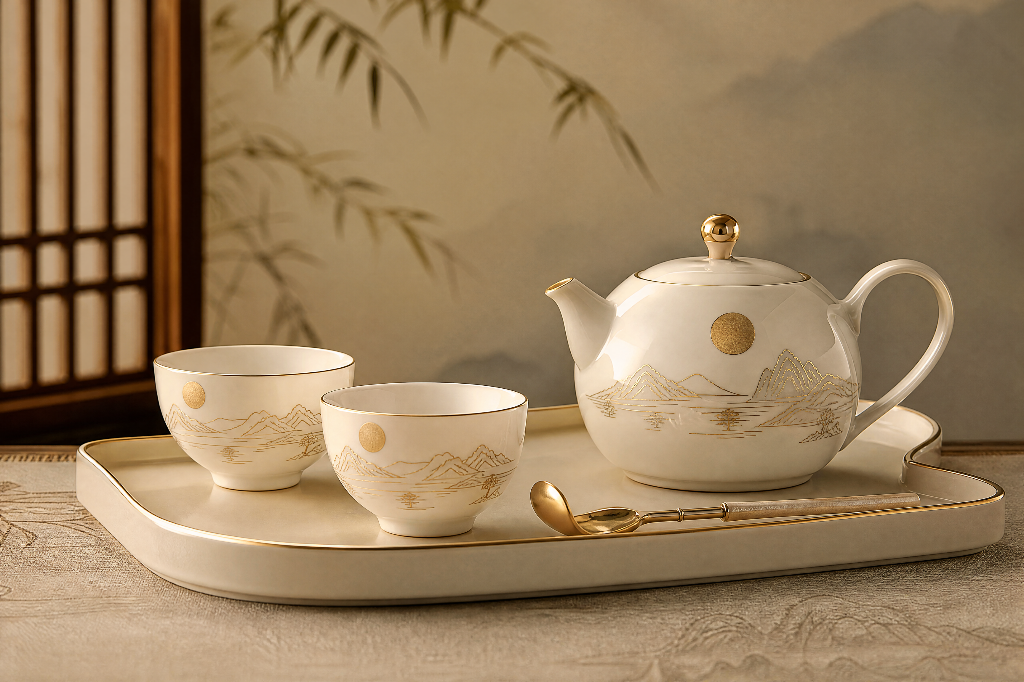 高端中秋茶具套装产品摄影图，米白色白瓷茶具，包括茶壶和两个茶杯… - 图片创意预览