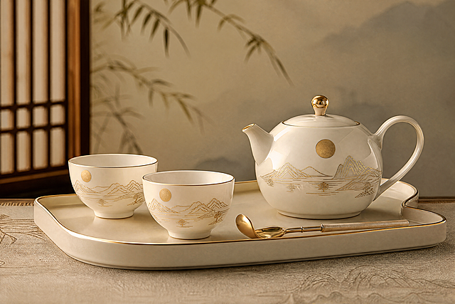 高端中秋茶具套装产品摄影图，米白色白瓷茶具，包括茶壶和两个茶杯，杯身和壶身有描金山水线条纹样和圆月图案，茶具摆放在浅米色茶盘上，旁边有金色小茶则，整体风格雅致高级，柔和暖光，45度侧视角，产品摄影，细腻瓷质光泽，东方美学
