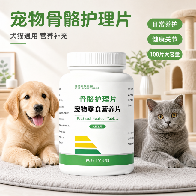 [主图-1] 宠物骨骼护理营养片首图，氛围风格：干净清新宠物健康场景风，画质：商业摄影质感、光线柔和通透、产品清晰真实、画面干净高级。元素：骨骼护理片产品瓶身居中放置，左侧一只金毛幼犬，右侧一只英短蓝预览效果