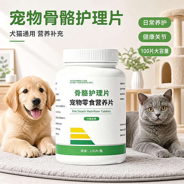 [主图-1] 宠物骨骼护理营养片首图，氛围风格：干净清新宠物健康场景风，画质：商业摄影质感、光线柔和通透、产品清晰真实、画面干净高级。元素：骨骼护理片产品瓶身居中放置，左侧一只金毛幼犬，右侧一只英短蓝猫，猫狗姿态自然放松，背景为浅米白色简约温馨客厅宠物角，地面铺浅灰色宠物垫，背景干净不抢主体。保持产品外观（即物理结构、材质质感、颜色）与输入产品图绝对一致，杜绝任何变形和色差，精细化处理。商品主体占比严格控制在65%左右；画面满屏无边框。光影：模拟自然光从左侧照射，产品和宠物轮廓清晰，阴影柔和通透，整体色调明亮温暖。配色：主色白色，辅助色产品标签绿色黄色，宠物自然毛色点缀；整体干净清新。视角构图：平视视角，主体产品突出，景深适中，产品完整不裁切。文字版式：画面左上负空间左对齐留安全边距，大字主文案"宠物骨骼护理片"绿色粗体圆润无衬线字体，下方小字辅助文案"犬猫通用 营养补充"深灰色小一号字体；右侧三个圆润绿色小标签分别标注："日常养护" 「健康关节」「100片大容量」，文字清晰易读。比例分辨率：1:1 比例，4k 分辨率；文字清晰锐利，画面超高清。负向提示词：变形，水印，文字错乱，产品图模糊，背景杂乱，绝对化违禁词，疾病治疗宣传