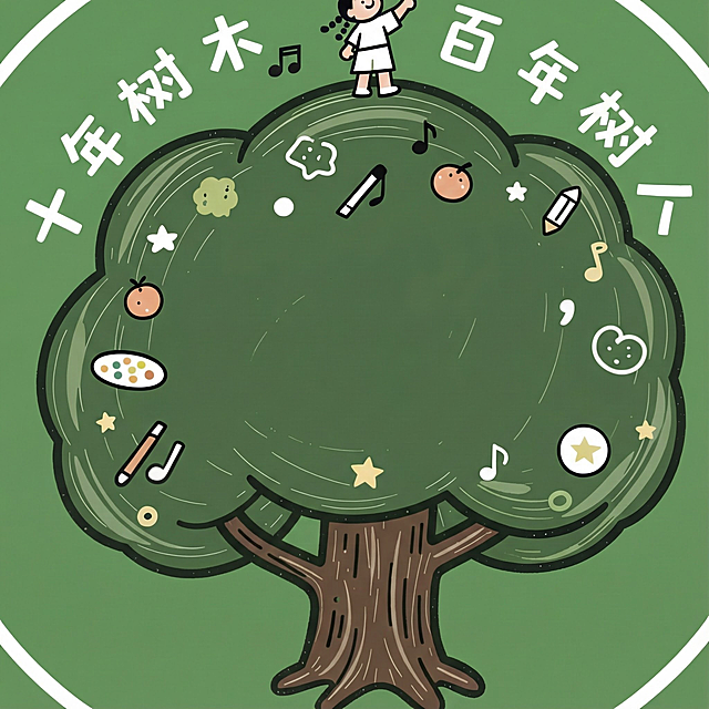 文字“十年树木，百年树人“放在圆圈边缘。全图底色为绿色。