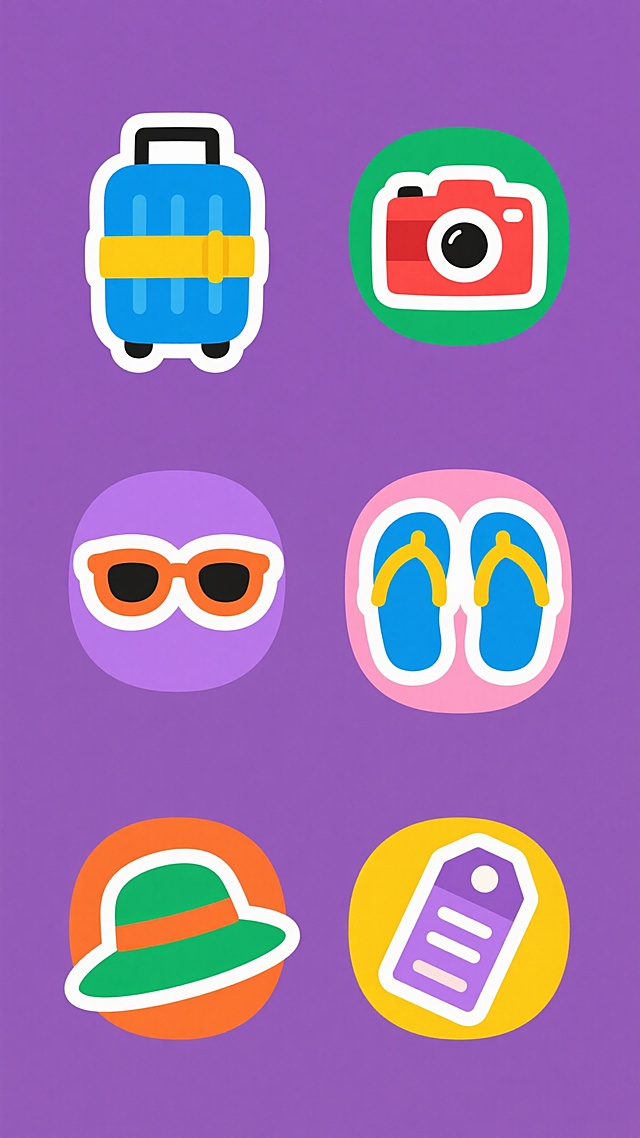 一组6个规整排布的旅行主题卡通图标，每个图标为不同纯色背景上的旅行相关物品，保持统一的扁平化设计风格，轮廓线条清晰，色彩鲜明且有细微渐变，无阴影或立体效果，包含：1. 蓝色背景上的黄色行李箱带贴纸，2. 绿色背景上的红色相机带镜头，3. 紫色背景上的橙色太阳镜，4. 粉色背景上的蓝色沙滩拖鞋，5. 橙色背景上的绿色遮阳帽，6. 黄色背景上的紫色登机牌，所有图标元素均为简约卡通造型，色彩明快，布局整齐对称。