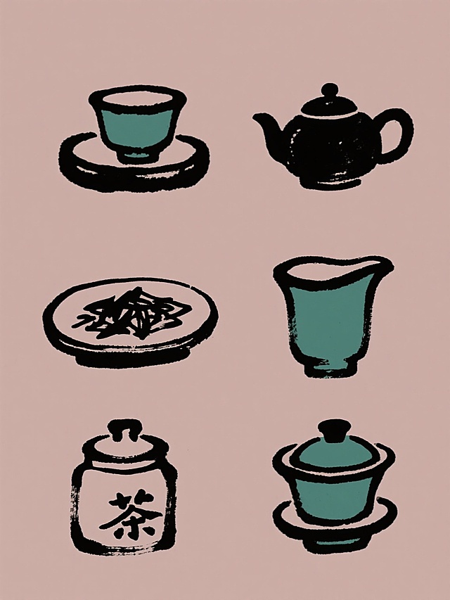 一系列6个中国传统茶具主题的插画，保持原有的水墨手绘风格，粗重有力的黑色轮廓线条，内部填充以不同的纯色，背景为单一纯色。每个插画中的茶具元素完全不同，包括茶壶、茶杯、茶盘、茶叶罐、公道杯、盖碗等，元素类目保持茶具相关。所有插画规整地排布在一起，形成一个统一的系列素材集合。
