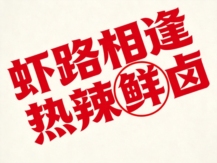 重新设计一版，干净的米白色背景。平面艺术字体设计，四个字"虾路相逢"，四个字"热辣鲜卤"，斜向排列排版，厚重粗体异形笔画设计，纯红色字体，将"卤"字用红色圆圈圈住重点突出，整体保持粗红斜放的促销风格，预览效果