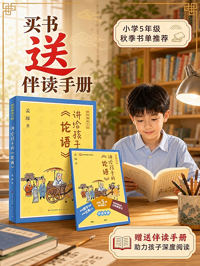 [商品] 使用【图1】主书《讲给孩子的论语》立体书、【图2】伴读手册小本、【图6】儿童阅读场景；保留书本封面全部文字图案颜色；保留小男孩亚洲面孔、书桌台灯书架场景；商品处理：书本与场景自然融合，透视匹配，接触阴影真实，书本放在书桌左侧前景。
[画面] 目标：儿童书房真实阅读场景，突出买书送伴读手册的利益点。构图：左侧前景主书+伴读手册组合摆放（主书立放、手册斜靠前）；右侧中景亚洲小男孩约8-10岁，穿浅蓝衬衫，坐在书桌前微笑着翻开书阅读；背景虚化的书架、绿植、台灯，温馨书房氛围。左上角大字标题，右上角书单推荐标签，右下角赠品说明框。
[视觉] 套系策略：风格=国潮国风儿童国学插画风格，暖色调温馨童趣，真实场景与国风装饰结合；标题字=书法宋体+粗黑体组合；正文字=圆润无衬线中黑体；主色=暖黄、赭红、青蓝；背景延展=暖木色书房+窗外柔光，整体暖黄调；强调色=朱红，用于"送"字和标签；标题色=赭红深棕；正文色=深褐灰；组件=国风边框标签、回纹角花、祥云装饰；光影=右侧台灯光+左前侧自然光，温暖柔和，书本桌面有自然投影。
[文字] 左上竖排大字："买书 送 伴读手册"，"送"字朱红放大加粗；右上标签框："小学5年级 秋季书单推荐"；右下圆角框："赠送伴读手册 助力孩子深度阅读"，配书本图标。文字全部横排，字号大且清晰，不遮挡孩子脸部和书本主体。
[规格] 宽度1440px，高度1920px（比例3:4），4K超清，避免变形、错字、文字过小、孩子脸部模糊、书本透视错误、冷色调。