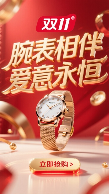 商业摄影风格，比例 16:9。以鲜艳的红色为背景，营造热烈氛围。画面正中央是巨大且优雅的主标题 “腕表相伴 爱意永恒”，采用金色立体艺术字体，笔画粗细变化富有韵律，表面有细腻的光泽质感，像是被柔和灯光预览效果
