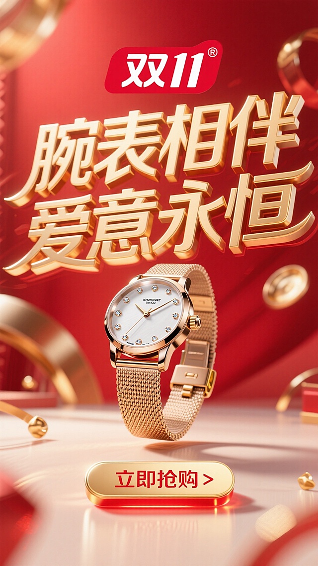 3D重拟物风格，鎏金金属质感腕表，红金配色营造喜庆奢华氛围，融合浪漫优雅与时尚促销感，双11主题突出，视觉冲击力强。