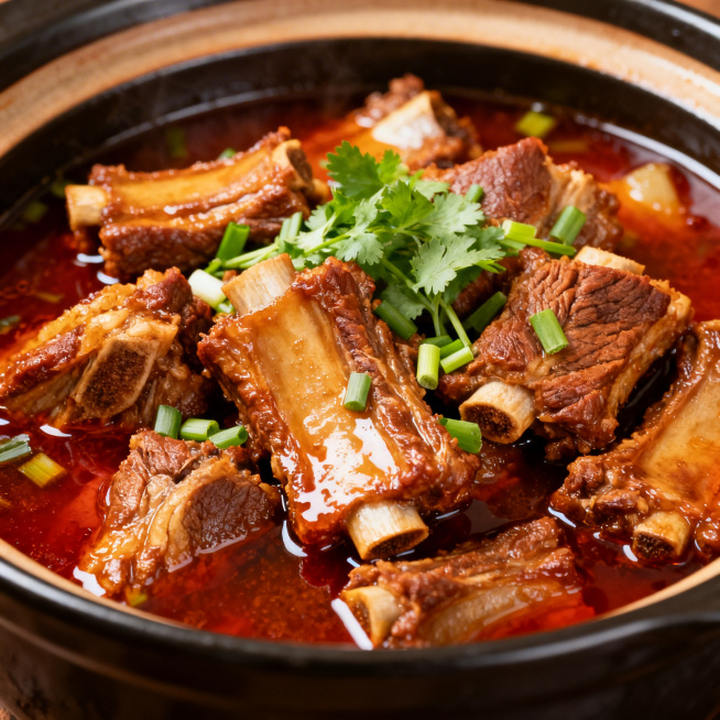 一锅色香味俱全的炖排骨，色泽红亮诱人，排骨炖煮软烂脱骨，砂锅里飘着浓郁汤汁，点缀着葱花和香菜，厨房温暖光线下的美食特写，肉质纹理清晰，香气仿佛扑面而来，整体画面干净有食欲预览效果
