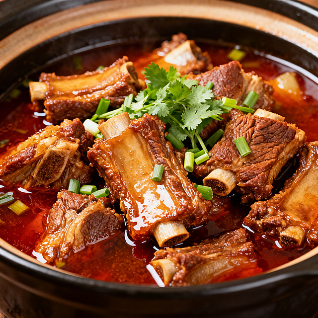 一锅色香味俱全的炖排骨，色泽红亮诱人，排骨炖煮软烂脱骨，砂锅里飘着浓郁汤汁，点缀着葱花和香菜，厨房温暖光线下的美食特写，肉质纹理清晰，香气仿佛扑面而来，整体画面干净有食欲