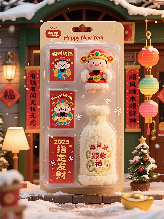 国潮风软3D卡通财神贴纸礼盒，融合刺绣质感与毛发生长细节，喜庆红金配色，营造新年可爱氛围。