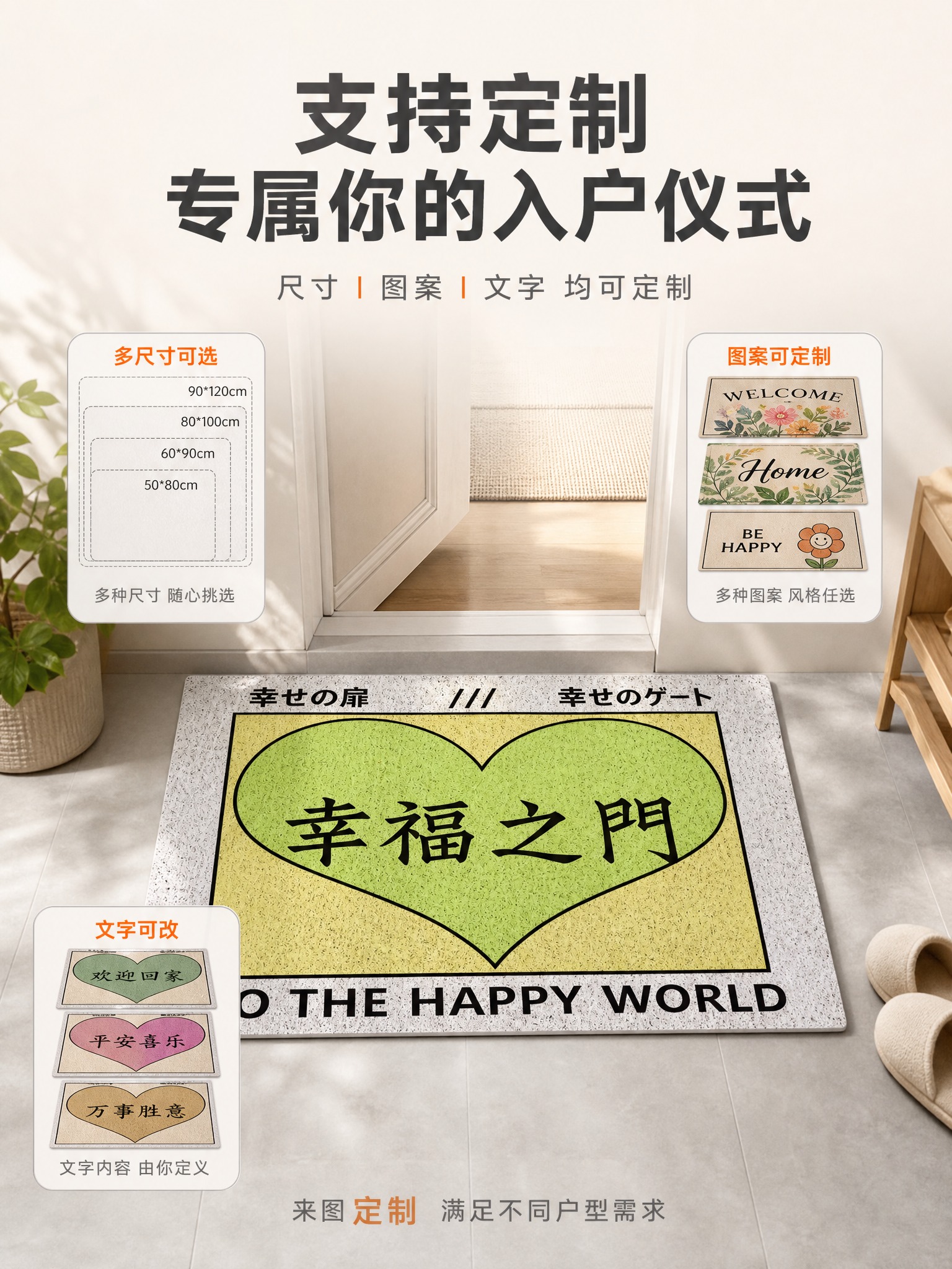 [主图-4] 幸福之门丝圈入户门地垫（8MM厚） 支持定制卖点… - 图片创意预览