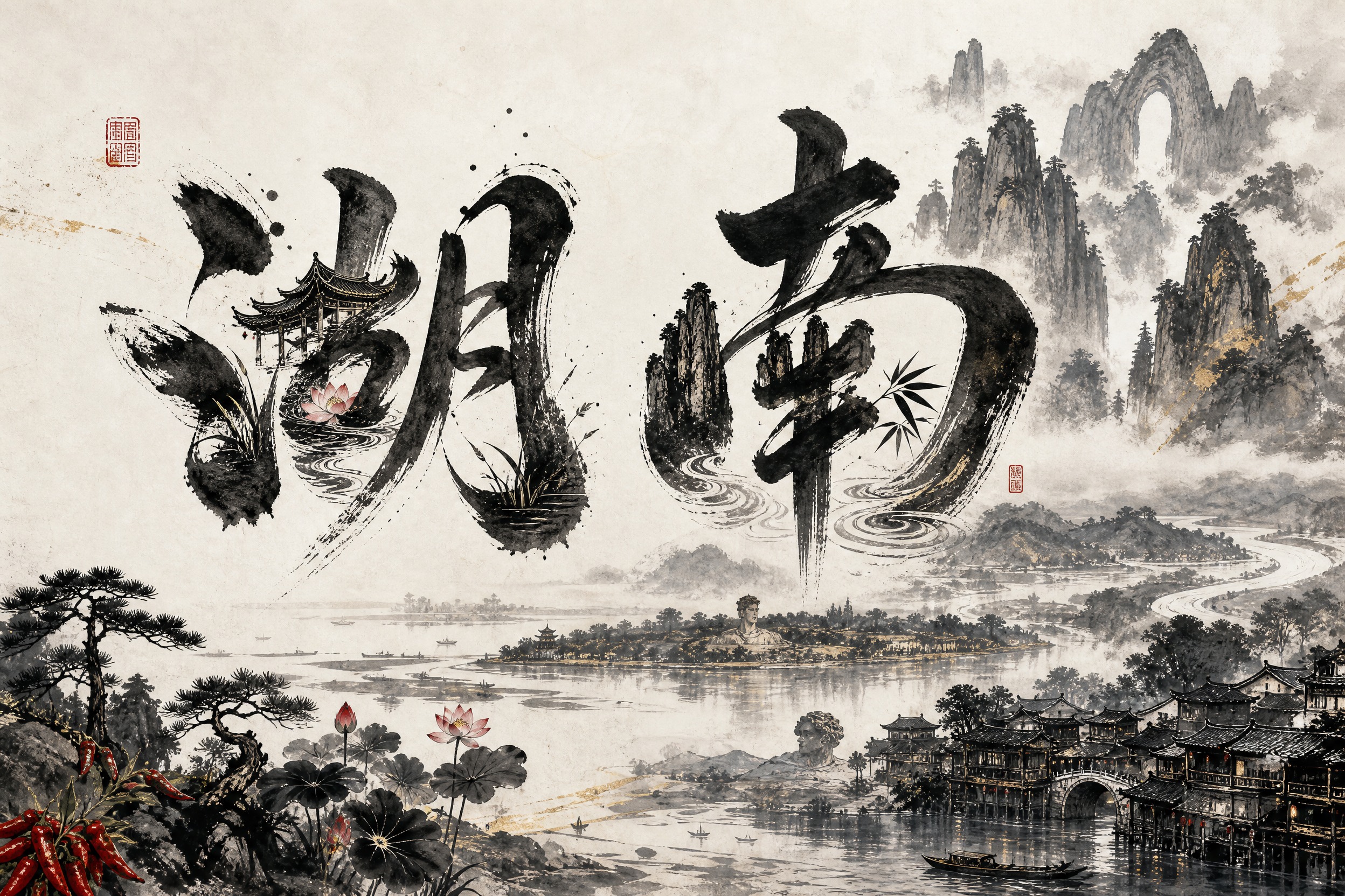 湖南省水墨风海报，横版宽幅3:2构图，宣纸纹理背景，东方美学，… - 图片创意预览