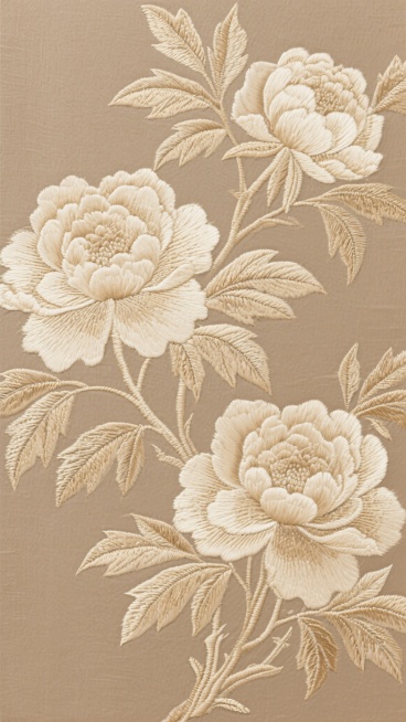 浅棕色底布上，以米色丝线绣制的牡丹花背景，花朵形态饱满，花瓣层次分明，叶脉纹理清晰，呈现出精致的刺绣质感，整体图案对称分布，线条流畅自然，展现出优雅的古典韵味。预览效果