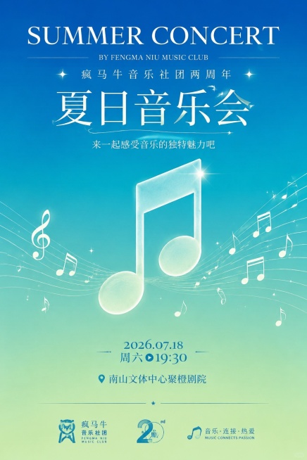 把海报背景换成蓝绿渐变，把合唱团换成音符，把新年音乐会换成夏日音乐会，主题改为疯马牛音乐社团两周年，夏日音乐会预览效果