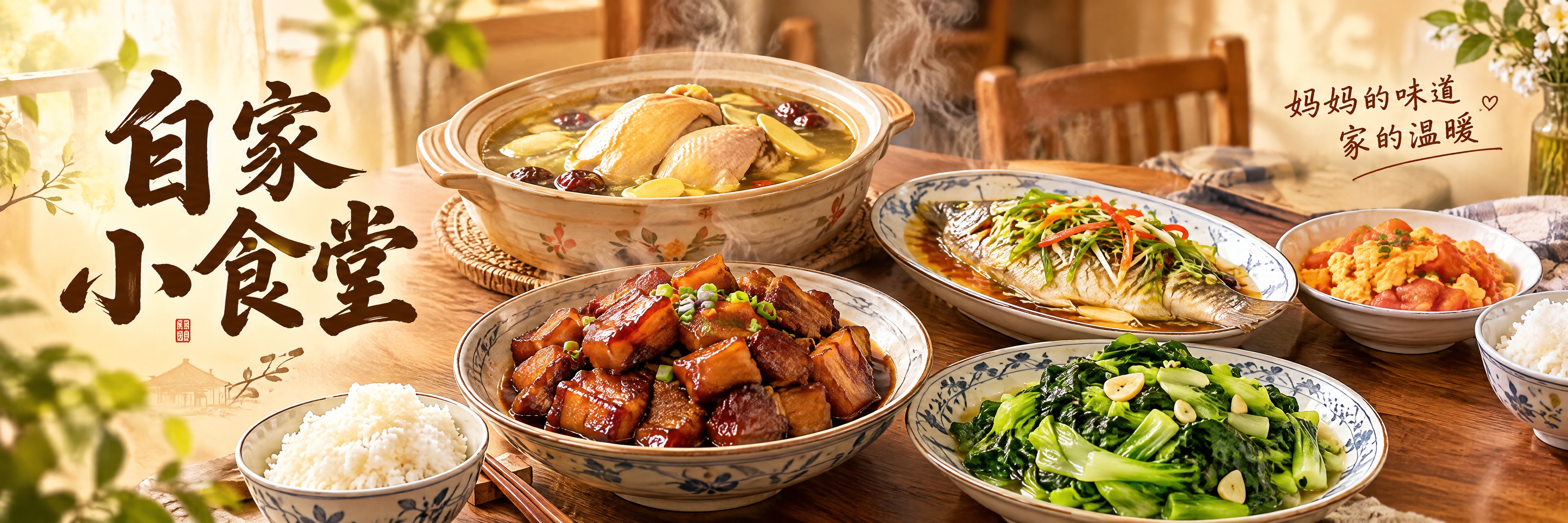 写实美食摄影风格，1053x264宽幅横版海报，一桌丰盛的家常… - 图片创意预览