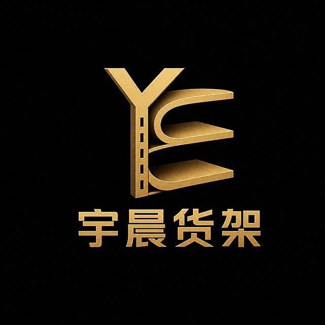 纯黑色背景。平面logo设计，YC字母与货架图形结合的创意logo，Y字母变形为货架的立柱，C字母环绕形成货架的层板轮廓，整体构成一个简约的货架造型，同时清晰可辨为YC字母。下方为"宇晨货架"四个中文汉字，字体为简洁现代的工业黑体。整体配色为黑金配色，YC图形标和中文均为哑光金色金属质感，稳重高端。仅包含"宇晨货架"四个中文字和YC字母图形，不得增加其他文字。文字整体必须完整呈现在画面内不可被裁切，四周留有安全边距。比例1:1。