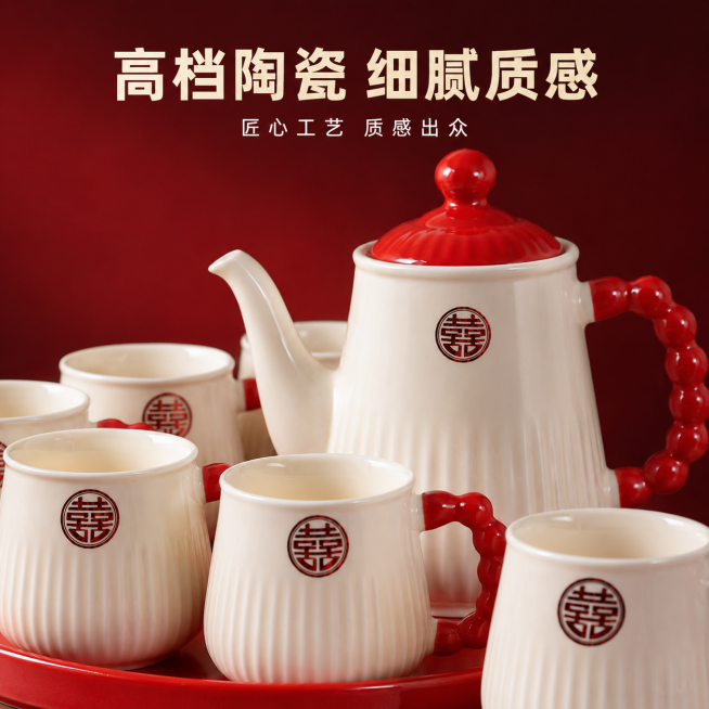 [主图-2] 陶瓷茶具细节质感展示；[氛围风格] 高档喜庆家居治愈风；[画质] 商业摄影质感、光线柔和通透、产品清晰真实、画面干净高级，超高清2.8m画质；[元素]保持陶瓷茶具套装的外观（物理结构、材预览效果