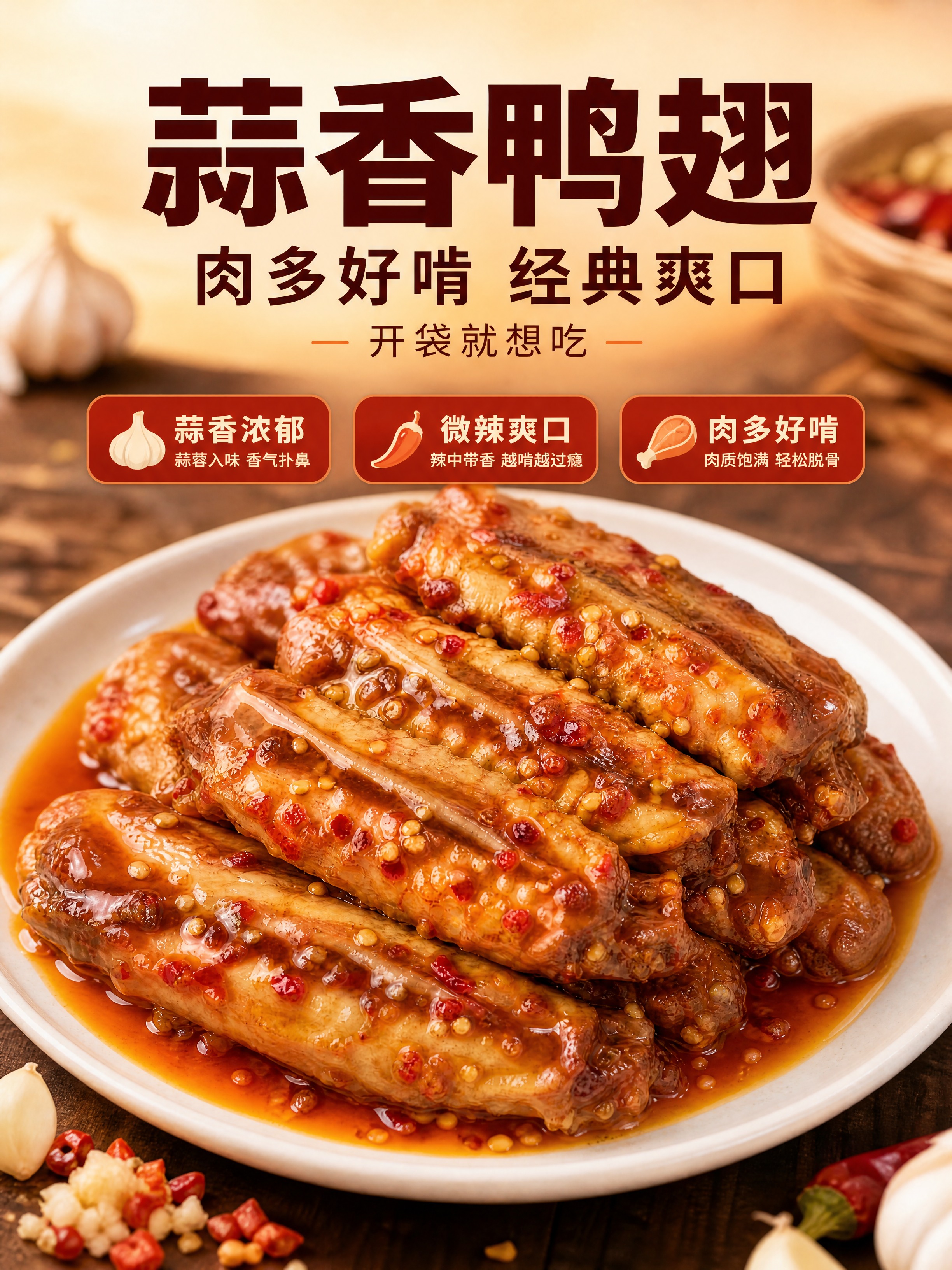 [商品] 使用【图1】蒜香鸭中翅成品图；保留鸭翅中形态、红亮酱… - 图片创意预览