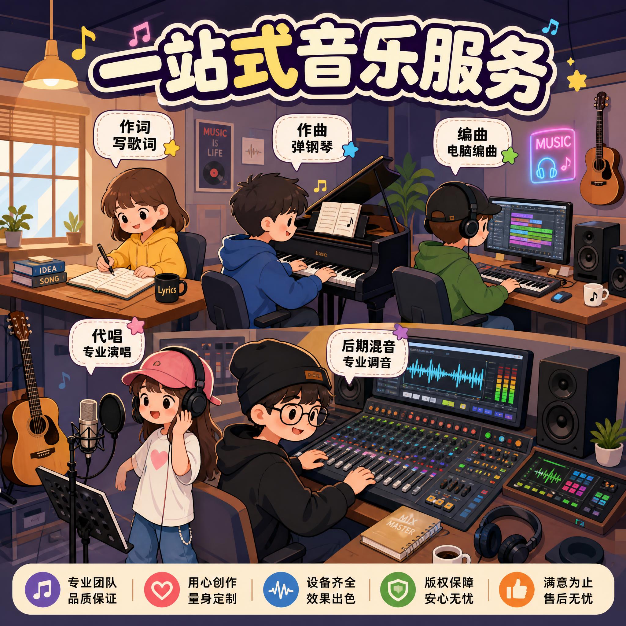 卡通风格音乐工作室宣传图，1:1正方形构图，画面是一个卡通音乐… - 图片创意预览
