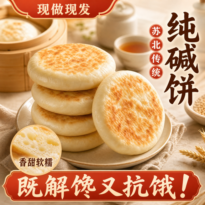 面饼纹理随机变化，角度稍微调整，整体接近原图但不是同一张图，卖点文字内容不变，重新排版不能和原图一样，背景相比原图有较大差异，最终图片尺寸为800*800像素预览效果