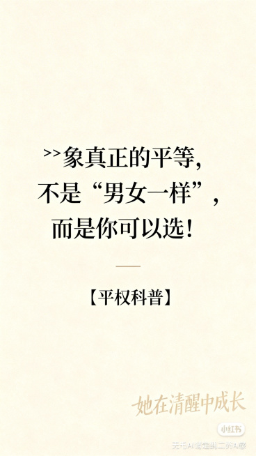 纯文字小红书封面，暖米色简约干净背景，文字内容：🔥真正的平等，不是“男女一样”，而是你可以选！｜平权科普，右下角浅色水印文字"她在清醒中成长"，风格简约高级，无AI水印，低AI感预览效果