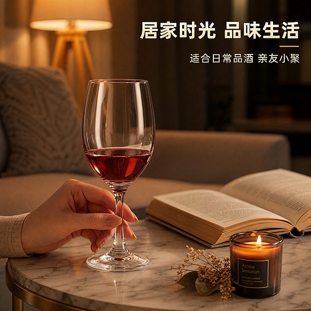 [主图-4] 水晶红酒杯 真实使用场景 居家品酒场景
[统一基调] 整体风格为专业品质家居风，背景主色为暖棕色调，标题字色为米白色，辅助字色为浅米色，强调色为金色，字体为优雅无衬线粗体，字号层级分明，整体温馨有氛围感。
[画面] 水晶红酒杯（250ML）放置在客厅的大理石边几上，杯中盛有红葡萄酒。旁边有一本打开的书、一支点燃的香薰蜡烛和一小束干花装饰。背景是虚化的暖色客厅环境，有柔和的落地灯光晕和沙发一角，营造惬意的居家品酒氛围。一只优雅的女性手（只显示手腕和手指部分）轻轻握住杯柄，手指自然放松，展示握持方式和杯子的大小比例。产品占画面约40%，作为场景中的核心元素。视角为平视略微俯视。
[光影质感] 生活方式摄影质感，暖色调环境光为主，蜡烛和台灯提供温暖的点光源，在杯身形成柔和的高光和反射，整体光影温馨自然，有电影感的暖调氛围。杯子与桌面接触自然，有真实阴影。
[配色] 暖棕色整体色调，米白色文字，金色点缀，整体温暖舒适，符合居家休闲场景氛围。
[文字版式] 画面右上角放置简短文字，大标题"居家时光 品味生活"，下方一行小字"适合日常品酒 亲友小聚"。文字量少，不破坏场景沉浸感。字体为优雅无衬线体，颜色为米白色，与暖调背景形成对比。
[输出要求] 比例1:1，场景自然真实，产品融入场景，手部姿态自然，氛围温馨。负向：手部畸形、手指穿模、杯子悬浮、场景违和、文字过多遮挡、有水印、有平台Logo、人物面部出现。