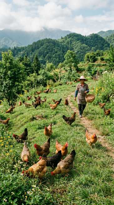 电商详情图，展示富硒土鸡蛋生态养殖场景，散养土鸡在青山草地自然环境里觅食，风格自然清新，体现生态健康养殖理念，适合作为详情页场景介绍图预览效果