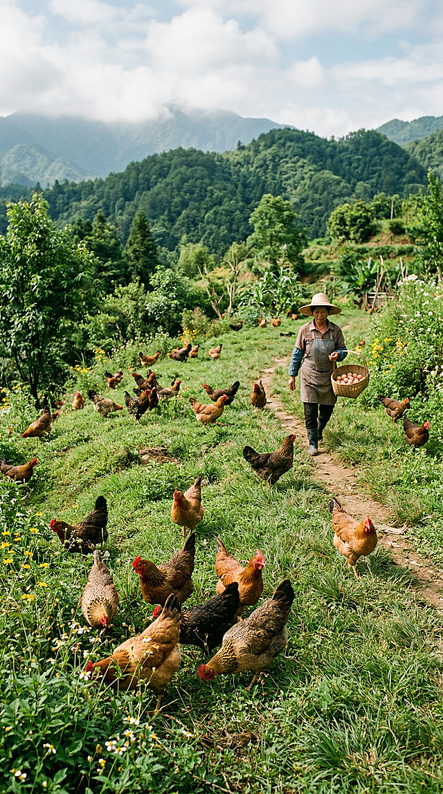 电商详情图，展示富硒土鸡蛋生态养殖场景，散养土鸡在青山草地自然环境里觅食，风格自然清新，体现生态健康养殖理念，适合作为详情页场景介绍图