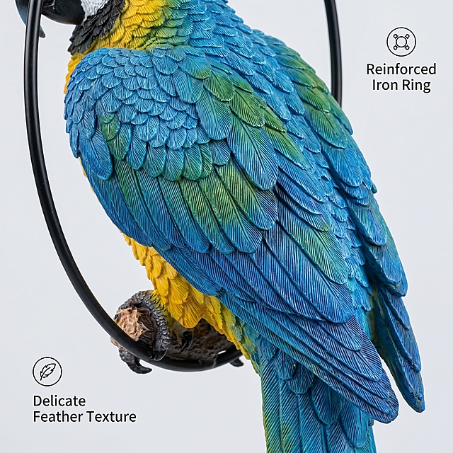 [Main Image 3] Close-up detail display of macaw ornament feathers. [Atmosphere Style] Professional product detail close-up, highlight texture. [Quality] Commercial photography texture, soft and transparent light, clear and real product, delicate picture texture. [Elements] Close-up of the feather part of the simulation blue-and-gold macaw, showing the delicate feather texture and three-dimensional color layering. Keep the product appearance (physical structure, material texture, color) absolutely consistent with the input product picture, eliminate any deformation and color difference, fine processing. Clear feather texture, delicate carving, vivid expression, bright and full color. The black reinforced iron ring is displayed in a partial close-up, highlighting the reinforcement feature. Product主体占比约70%. The picture is full-screen without borders. [Light and Shadow] Soft side light, highlight the texture and layered feeling of feathers, the transition of light and shadow is natural, and the detail texture is clearly presented. [Color Matching] Main color product blue, green and yellow natural color, light gray background, highlight the product itself. [Perspective Composition] Close-up perspective, focus clear, highlight the delicate texture. [Text Layout] Feature labels with icons: icon + "Reinforced Iron Ring" placed on the upper right, icon + "Delicate Feather Texture" placed on the lower left, simple font, clear text, in line with Amazon cross-border platform norms. [Proportion Resolution] 1:1 proportion, 2K resolution, super high definition. [Negative Prompt] Deformation, watermark, text disorder, blurred product image, messy background.