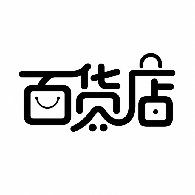 白色背景，干净的背景，黑色字体，创意黑体字体设计三个字"百货店"，将字体进行大幅度抽象变形，相邻字的笔划连笔和共用，笔画转角圆角处理，部分笔画融入购物袋图形元素，字体造型简约现代且富有设计感，多字融合预览效果