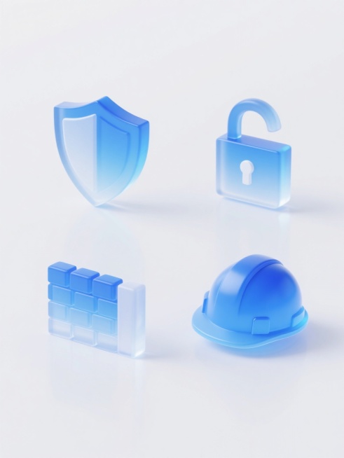 一组四个不同造型的防护元素图标，保持统一的3D半透明渐变蓝色玻璃质感，带有柔和的白色光晕和高光效果，每个图标具有不同的防护象征形态（如盾牌、锁、防护墙、安全帽），所有元素在纯白色背景上呈规整网格排布，视觉层次清晰，风格统一，传达安全防护的专业感。预览效果
