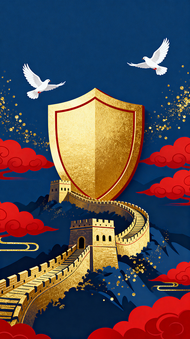 国潮风H5启动页背景，国潮插画风格，扁平化矢量图，画面中央是一座宏伟的金色长城剪影，前方有一个巨大的盾牌标志象征国家安全，天空中飞翔着白色的和平鸽，深蓝色底色，中国红点缀，红色祥云缭绕，金色线条装饰，金色粒子特效，留白空间用于写标题，极简主义，庄重大气，高画质，高分辨率