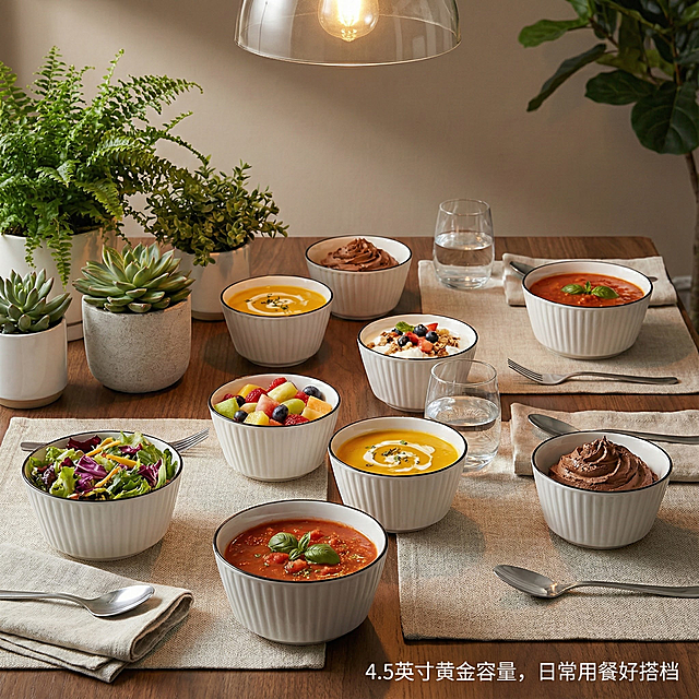 这是一只陶瓷碗，其名称为山田竖纹美式碗，碗口直径为4.5英寸。我给你提供了一张白底图，请根据我的白底图，帮我绘制6张不同角度的场景图。每张场景图比例为1：1，内容是将这只碗与不同的日常生活场景结合，并配上简要的卖点介绍。特别注意生成的场景图中，必须包括10个这样的碗，每个碗的造型、颜色或者样式都不能改变，必须和我提供的图片中的碗一样。碗的大小、摆放角度、位置可以根据场景的不同进行调整。