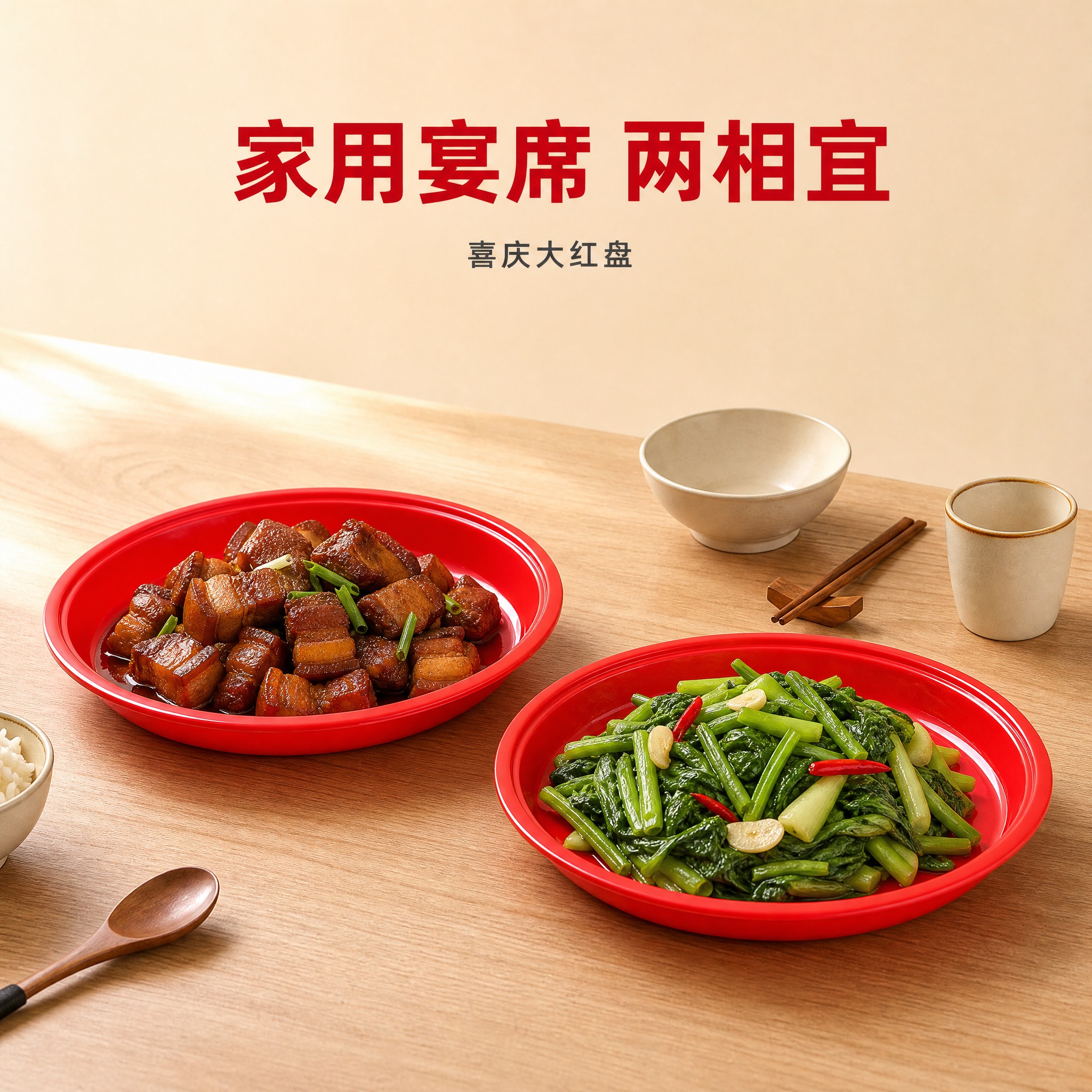[主图-4] 喜庆大红盘 简约使用场景图 家庭聚餐使用状态 [… - 图片创意预览