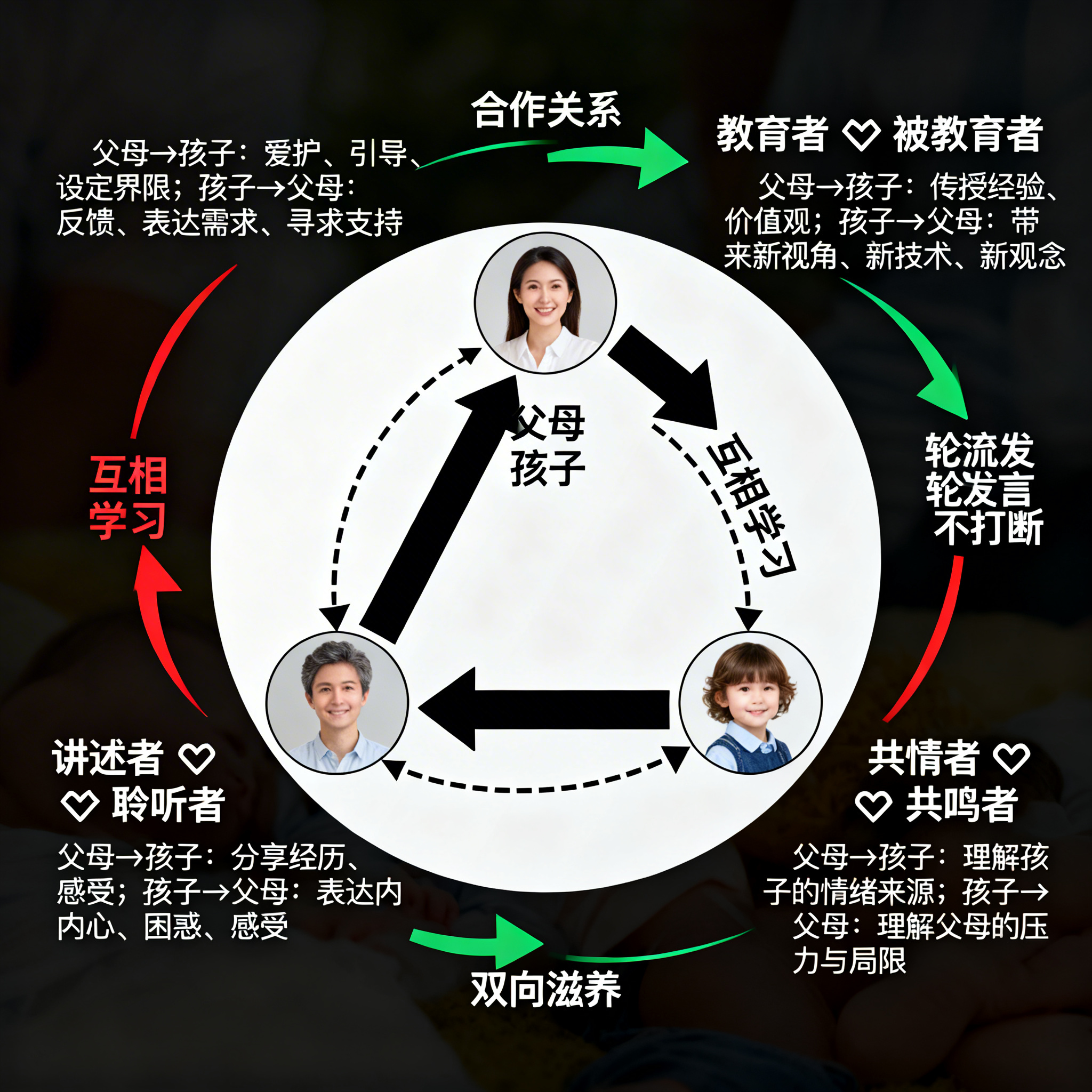 健康家庭角色流动图，大圆圈内有两个分别代表父母和孩子的小圆，用… - 图片创意预览