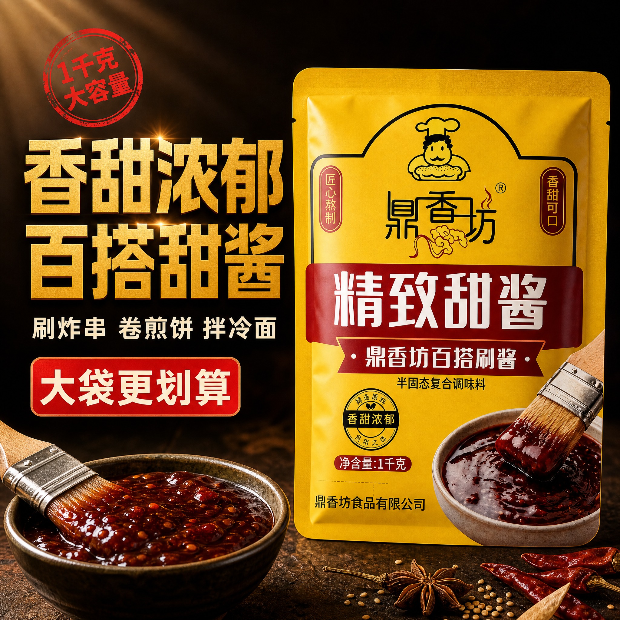 [主图-6] 深色高端质感首图，鼎香坊精致甜酱，拼多多风格大字… - 图片创意预览