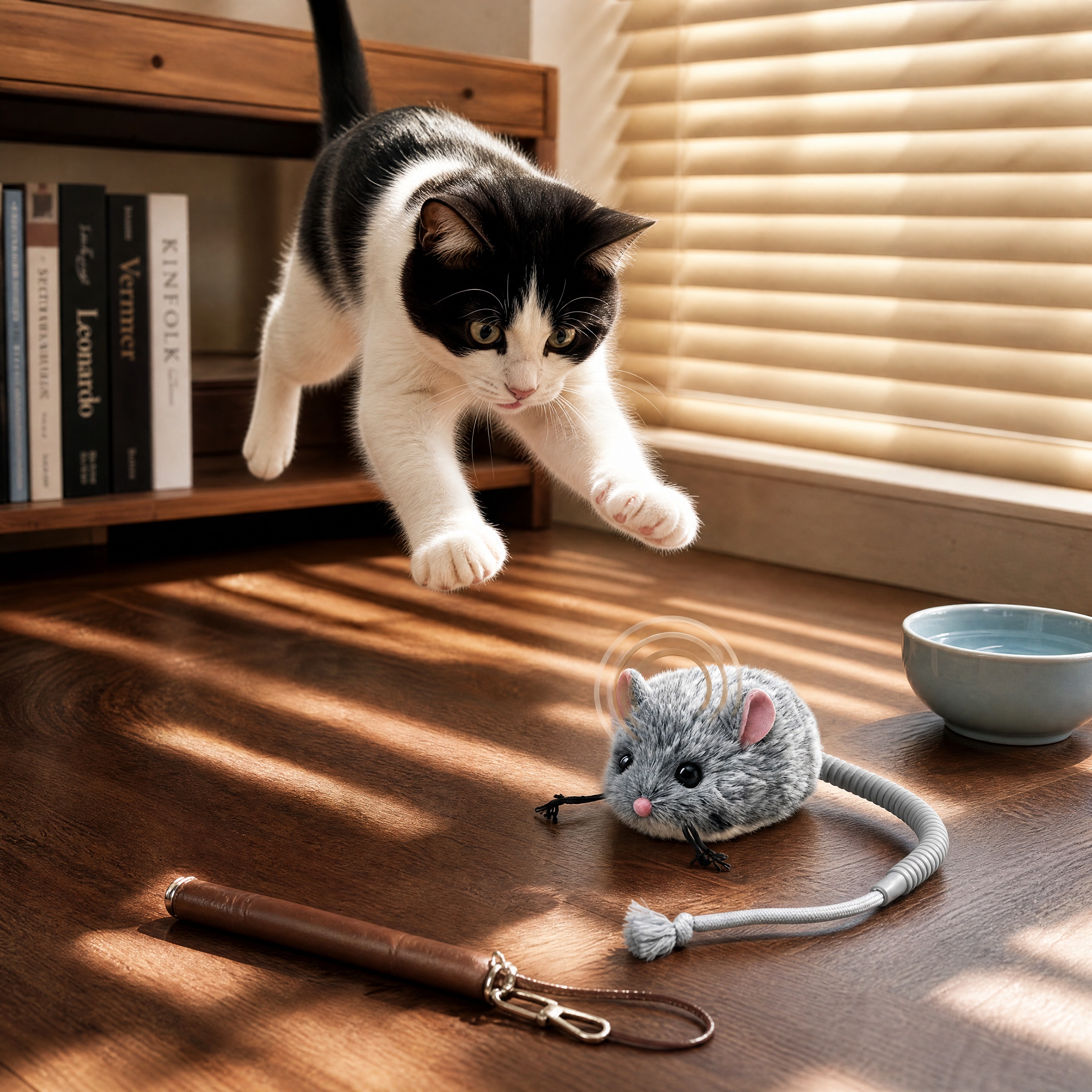 超写实宠物生活场景摄影。 主体：毛绒老鼠猫玩具严格参照上传产品… - 图片创意预览