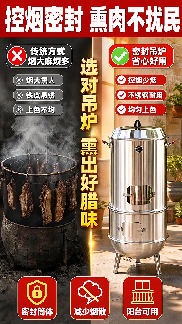 [详情页-2 痛点对比] 传统熏制vs密封吊炉 拼多多详情页。
[商品] 使用产品图：圆柱形不锈钢熏腊肉吊炉，亮面不锈钢桶身，正面圆形温度表，两侧带红色防滑套把手，顶部圆盖，底部三脚支架。保留所有结构和材质。
[画面] 痛点对比型，左右分栏。左侧=传统方式：普通铁桶熏肉，烟雾大，旁边打叉号图标，配文字说明传统方式的问题。右侧=密封吊炉：不锈钢吊炉放在小院里，盖子盖好，烟雾少，旁边打对勾图标，产品清晰展示。产品在右侧占约40%。左右对比鲜明，左侧灰暗，右侧明亮。
[视觉] 套系策略：风格=拼多多电商详情页 大字直白高性价比 红黄色高饱和；标题字=白色超粗黑体超大号；正文字=黄色/白色粗黑体；主色=大红色；背景延展=左侧深灰偏暗、右侧红色渐变明亮；强调色=金黄色，仅用于图标、标签、数字高亮；标题色=白色；正文色=黄色+白色；组件=红色圆角标签、黄色爆炸贴、叉号对勾图标、红色通栏标题；光影=左侧暗、右侧明亮温暖，不锈钢高光反射明显。
[文字] 顶部红色通栏，白色超粗黑体超大号主标题"控烟密封 熏肉不扰民"。左侧上方红色叉号标签"传统方式 烟大麻烦多"，下方3个灰色小标签："烟大熏人"、"铁皮易锈"、"上色不均"。右侧上方绿色对勾标签"密封吊炉 省心好用"，下方3个红色小标签："控烟少烟"、"不锈钢耐用"、"均匀上色"。中间竖排金黄色大字"选对吊炉 熏出好腊味"。底部3个红色圆角图标按钮横排："密封筒体"、"减少烟散"、"阳台可用"。
[规格] 9:16竖版，4K，负向提示：变形、产品模糊、材质错误、文字过小、水印、电商平台Logo、极限词、英文文字、产品悬浮、对比不明显、人物畸形。