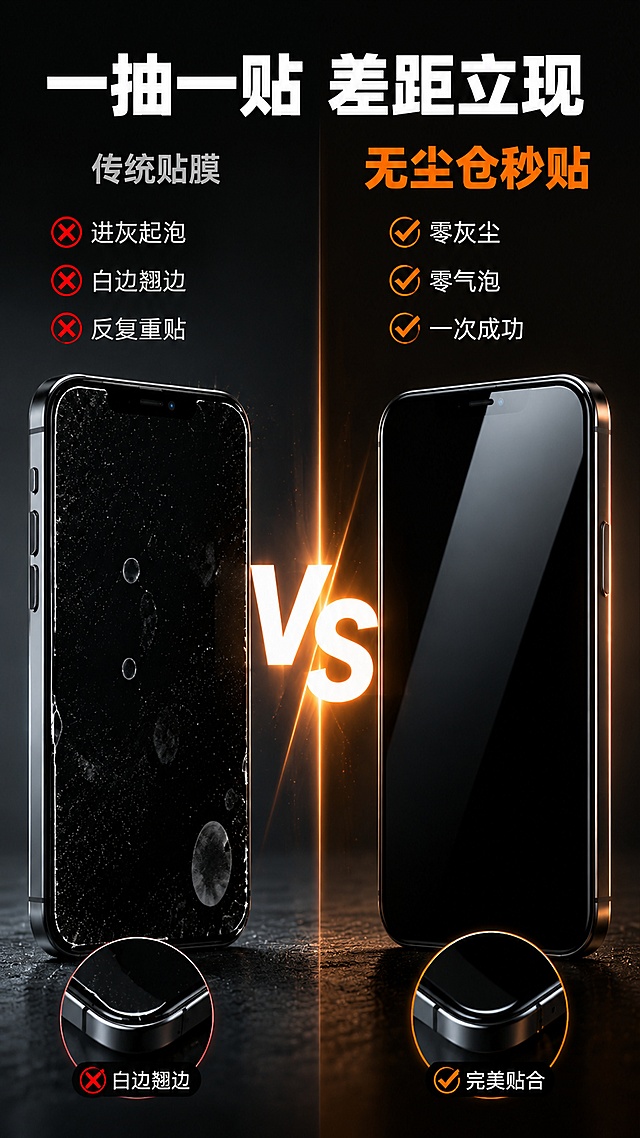 [第5屏] 功能实测-除尘效果&贴合成效对比。本屏使用【图1】产品，做左右PK对比布局。
[氛围/风格] 实测对比风，真实感强，左右分栏清晰，视觉冲击明显。
[元素布局] 画面左右分栏，左侧为「传统贴膜」：手机屏幕上有灰尘、气泡、白边，效果差；右侧为「无尘仓贴膜」：使用本产品贴完的手机屏幕，高清透亮无气泡无白边，效果完美；中间VS大字分隔；背景深灰到黑色渐变。
[光影质感] 左右两侧分别打光，左侧偏冷偏暗突出问题，右侧明亮通透突出效果，中间VS有发光效果。
[配色色系] 全局底色 #1A1A1A 深灰黑；左侧主色 灰色+红色警示；右侧主色 橙色#FF5500 + 高清透亮；辅助色 白色文字。
[视角构图] 正面平视，左右对比构图，阅读动线从左到右对比差异。
[文字版式] 顶部主标题「一抽一贴 差距立现」白色加粗大字；左侧栏标题「传统贴膜」灰色小字，下方3个叉号问题：「进灰起泡」「白边翘边」「反复重贴」；右侧栏标题「无尘仓秒贴」橙色大字，下方3个对勾优势：「零灰尘」「零气泡」「一次成功」；中间大大的「VS」发光字。
[比例分辨率] 9:16 竖版比例，4K分辨率，文字清晰可辨，高清画质。
[负向提示词] 产品变形，颜色偏差，水印，文字错乱，对比不明显，画面模糊。