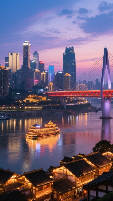重庆城市夜景，黄昏时分，天空呈现渐变的蓝紫色调，点缀着柔和的云彩。江面上波光粼粼，倒映着岸边璀璨的灯火和一座红色钢索大桥。桥的后方是林立的现代化高楼大厦，部分建筑顶部亮着霓虹灯光。江中有一艘装饰华丽的游船正在航行，船上灯火通明。岸边低处是一片古色古香的建筑群，屋顶的灯光温暖而明亮，与远处的现代高楼形成鲜明对比。整体画面光影层次丰富，色彩和谐，营造出一种繁华而又宁静的都市氛围。预览效果