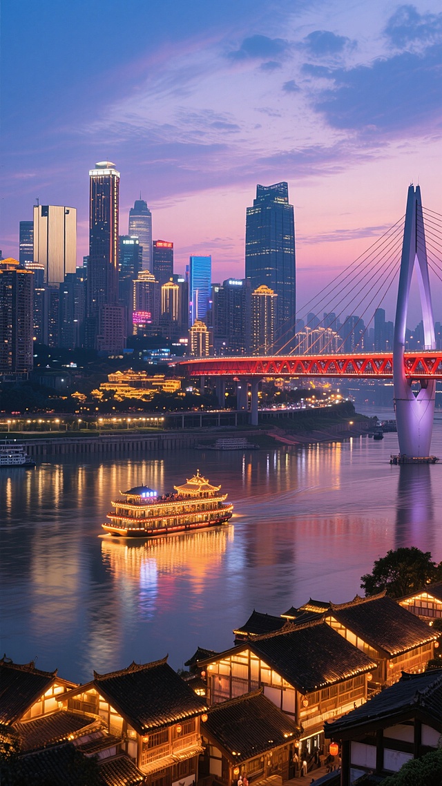 重庆城市夜景，黄昏时分，天空呈现渐变的蓝紫色调，点缀着柔和的云彩。江面上波光粼粼，倒映着岸边璀璨的灯火和一座红色钢索大桥。桥的后方是林立的现代化高楼大厦，部分建筑顶部亮着霓虹灯光。江中有一艘装饰华丽的游船正在航行，船上灯火通明。岸边低处是一片古色古香的建筑群，屋顶的灯光温暖而明亮，与远处的现代高楼形成鲜明对比。整体画面光影层次丰富，色彩和谐，营造出一种繁华而又宁静的都市氛围。
