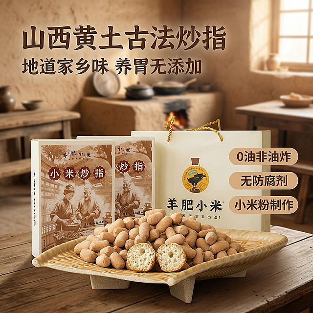 [垫图]https://gdesign-dam-hz.dancf.com/35916196731800621/c1e7c93a0ad54738afd33ffaadbc6e9e.png；[主图主题]小米炒指黄土古法零食首图；[氛围/风格]怀旧乡土风，自然暖光，朴实亲切感；[画面元素]小米炒指产品与包装盒居中摆放，浅棕色竹编盘中盛放着饱满的小米炒指，其中2颗切开露出蓬松的内部结构，表面有细碎黄土质感，背景为山西黄土高原农家厨房场景，木质桌椅、土灶台隐约可见，柔和的侧逆光打在食物上，凸显酥脆质感，背景铺满全屏无边框；[配色色系]主色调：黄土棕、米白色；辅助色：木质暖棕、浅灰墙面色；[视角构图]45度平视，景深适中，主体占比60%；[文字版式]左上角主标题“山西黄土古法炒指”，副标题“地道家乡味 养胃无添加”，右侧3个浅棕色胶囊标签依次标注“0油非油炸”“无防腐剂”“小米粉制作”，字体为宋体，字色深棕色，无任何底框，悬浮于背景留白处，不遮挡产品；[比例分辨率]1:1比例，2k分辨率