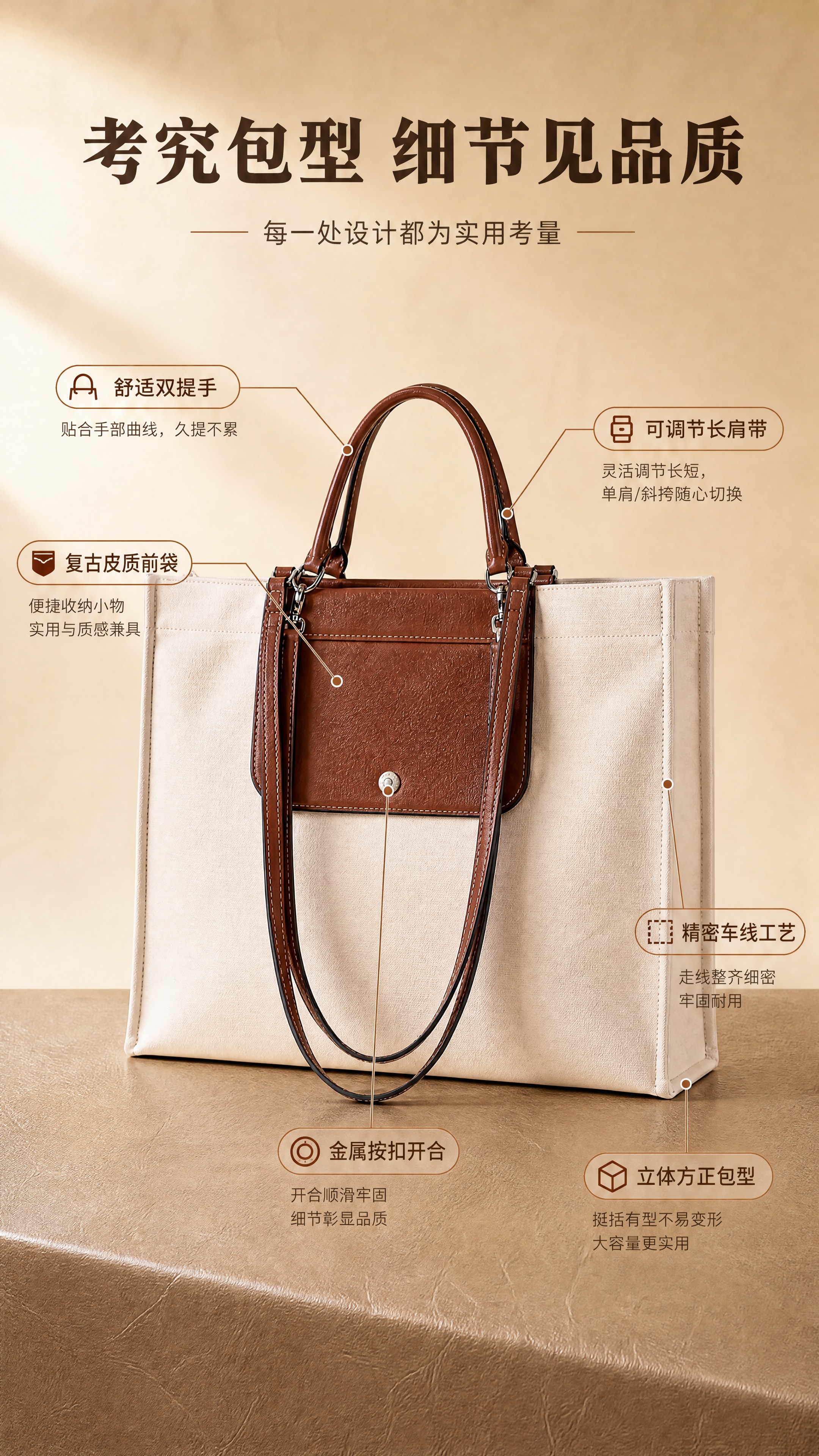 [商品] 使用【图1】米白帆布配棕色皮质撞色托特包；保留包身方… - 图片创意预览
