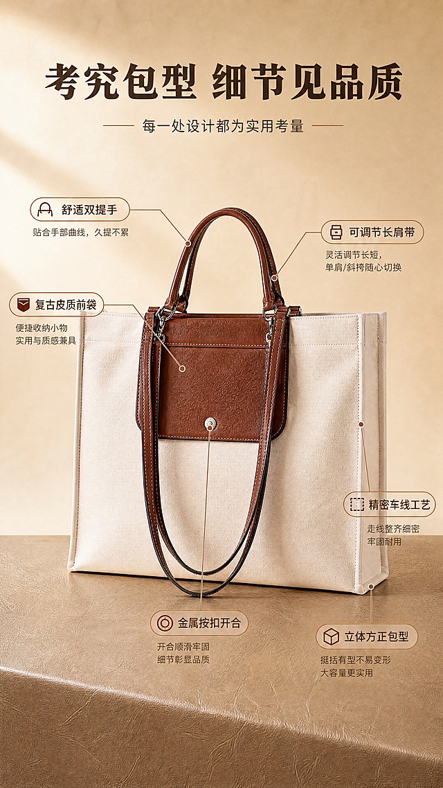 [商品] 使用【图1】米白帆布配棕色皮质撞色托特包；保留包身方正廓形、正面棕色皮质口袋、金属按扣、双提手、长肩带、银色五金扣具、帆布纹理与缝线；增强帆布织纹与皮面质感，不改变结构和颜色。
[画面] 第3张·包型解析页，目标展示包身比例、结构分区与核心设计；主视觉为包的正面全景，占画面约50%，居中偏上；从包的不同部位引出细线标注关键结构：顶部提手、正面皮质口袋、金属按扣、可调节肩带扣、包身缝线、底部包角；背景为暖米色渐变，底部铺浅棕色皮革质感台面承托，营造产品解析的专业感。
[视觉] 套系策略：风格=轻复古通勤高级商业摄影；标题字=粗黑体带轻微复古衬线感；正文字=简洁无衬线体；主色=暖米杏+焦糖棕；背景延展=基于暖米杏做深浅渐变、同色系光影层次与细腻织物/纸张质感；强调色=焦糖棕，仅用于小面积图标、引线、标签和标题装饰；标题色=深焦糖棕；正文色=中暖灰；组件=圆角浅底信息卡、细棕线引线、复古标签；光影=左前侧暖柔光，自然投影。
[文字] 上方主标题"考究包型 细节见品质"，副标题"每一处设计都为实用考量"；6处引线标注短文案："舒适双提手""复古皮质前袋""金属按扣开合""可调节长肩带""精密车线工艺""立体方正包型"；文字横向排版，不遮挡包身关键结构。
[规格] 图片比例9:16竖版，4K，负向提示：避免变形、错字、文字过小、冷蓝/蓝灰背景、包型失真、颜色改变、白底孤立、竖排文字。